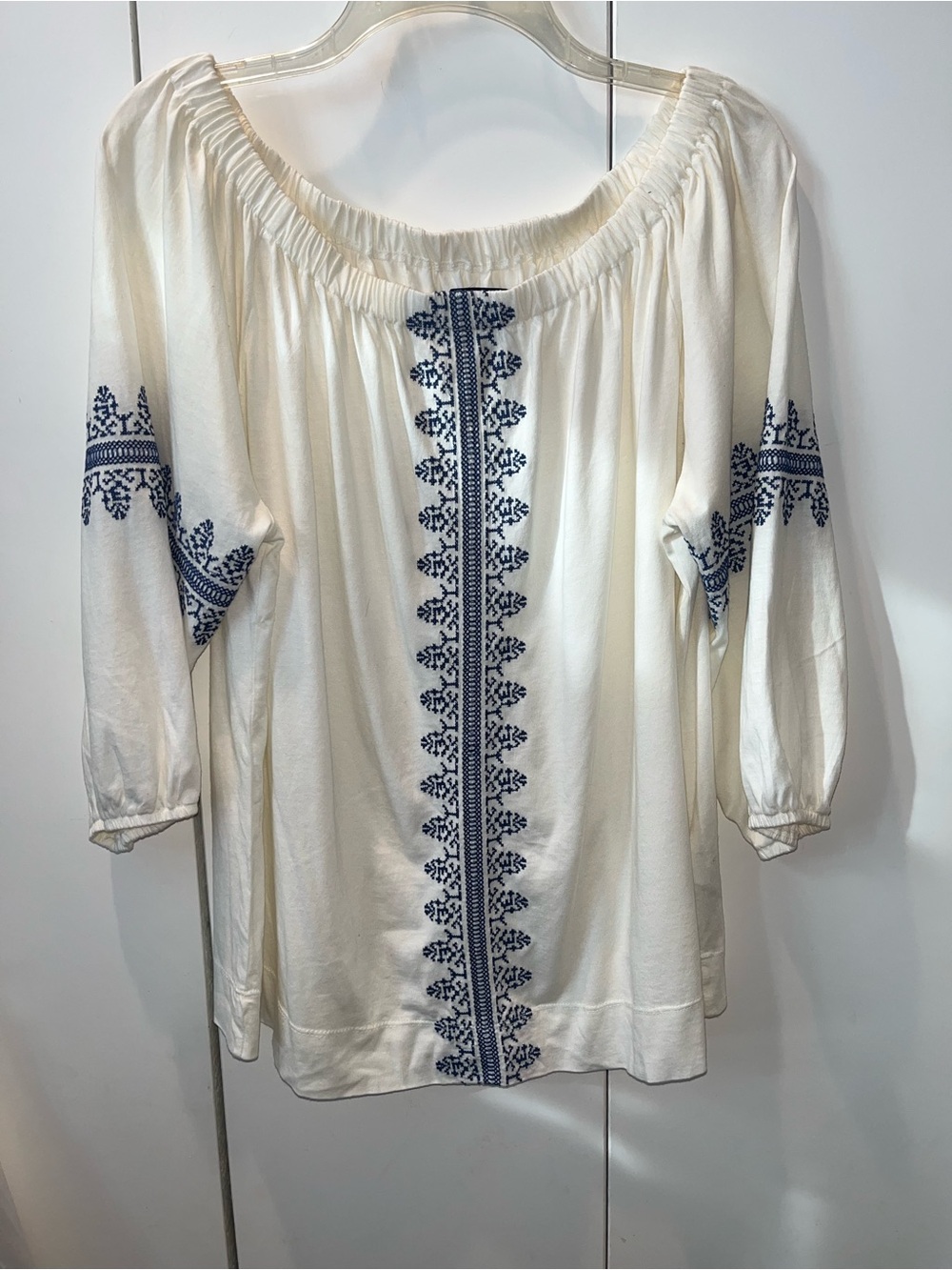 Chaps Ivory Peasant Tunic with Navy Embroidery